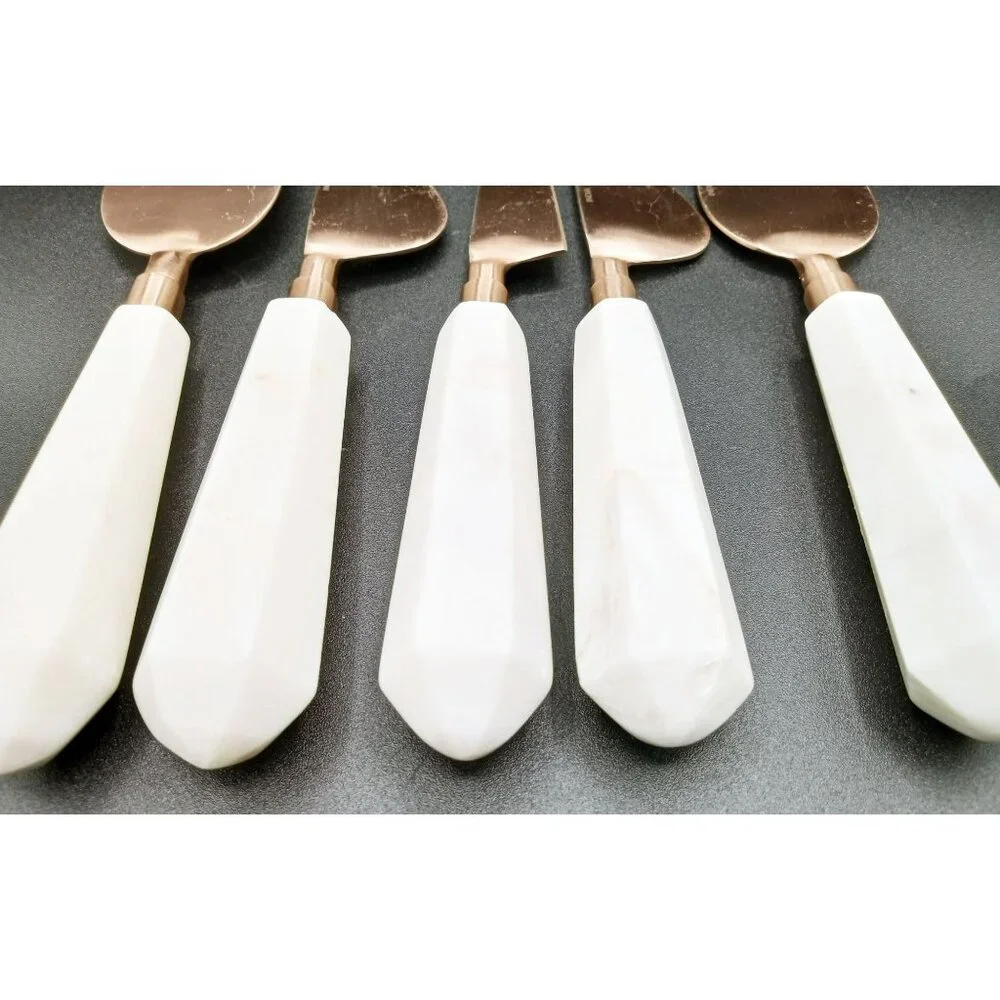 Cheese Knives Marble Handled Brass Toned Charcuterie India Vintage Set of 5